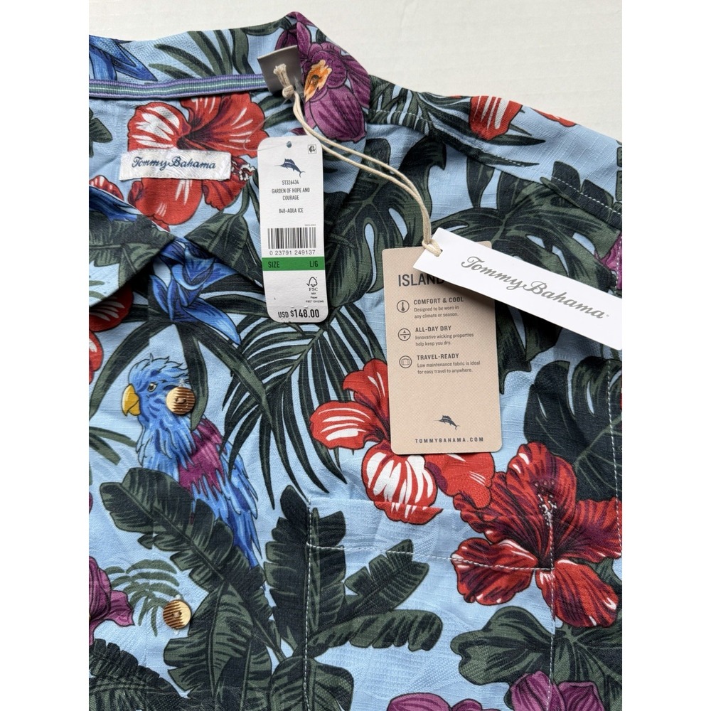 NWT Tommy Bahama Garden of Hope and Courage Shirt Large Aqua Ice Hawaiian Floral - Picture 3 of 9